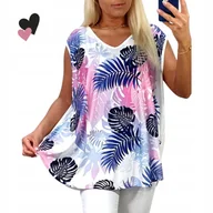 Bluzki damskie - Tunika Wiskoza Bez Rękawa Akwarela Liście Luźna Letnia bluzka 50 52 5XL 6XL - miniaturka - grafika 1