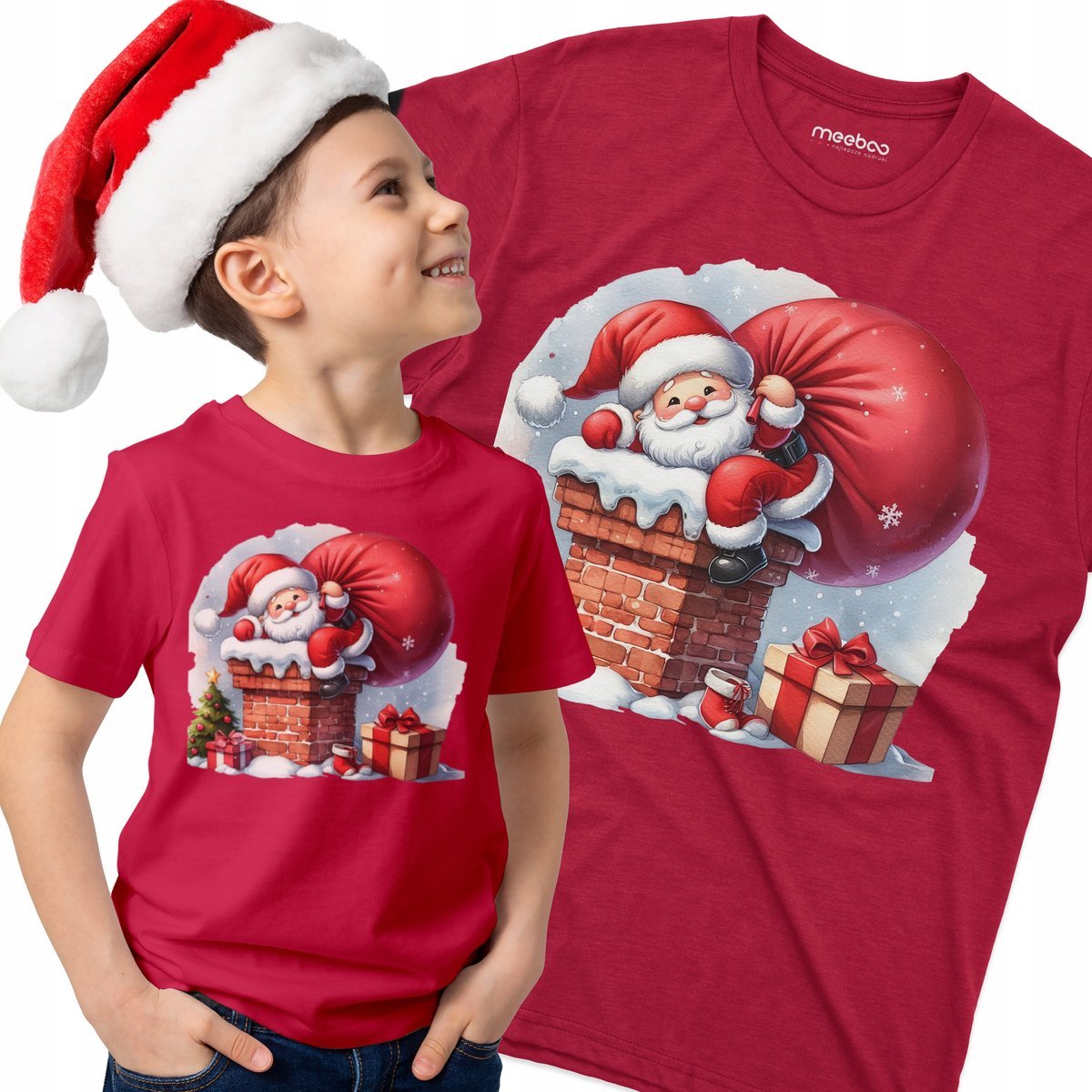 KOSZULKA DZIECIĘCA Mikołaj Wchodzący do Komina z Workiem Prezentów