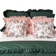 Pościel - Pościel Bawełniana Z Falbanką Komplet Do Sypialni + 6 Poduszek 200X200 Cm Butelkowa Zieleń Retro Kwiaty - miniaturka - grafika 1
