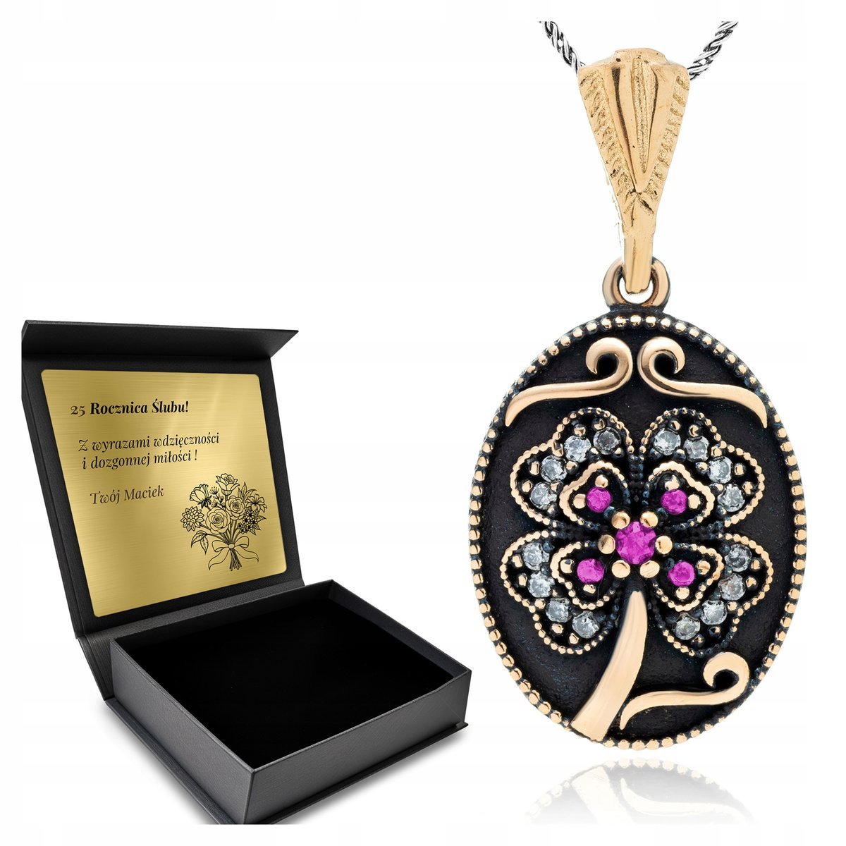 Naszyjnik Srebrny 925 Cyrkonie Kwiat Biżuteria Dla Kobiety + Grawer