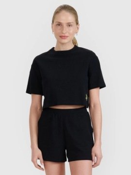 T-shirt crop top z waflowej dzianiny damski 4f Czarny, L