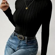 Bluzy damskie - TEMU Kierunkowa Jesień- Modowa Żebrowana Jednokolorowa Bluza z Wysokim Kołnierzem i Długim Rękawem Bielizna Termoaktywna - miniaturka - grafika 1