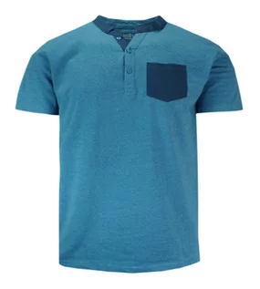 Koszulki męskie - T-shirt Bawełniany z Guzikami przy Kołnierzyku, Niebieski z Kieszonką, Krótki Rękaw -PAKO JEANS - Pako Jeans - grafika 1