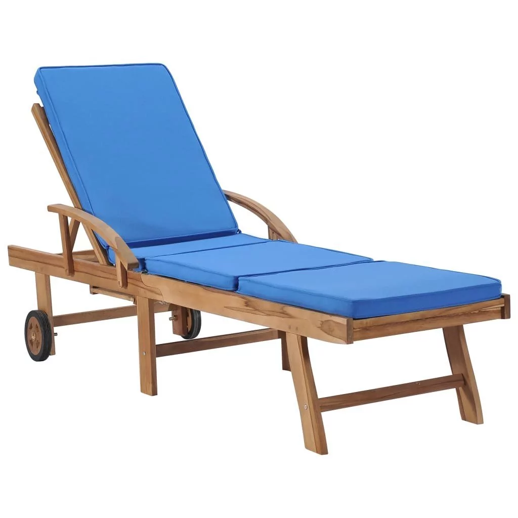 vidaXL Leżak z poduszką, lite drewno tekowe, niebieski