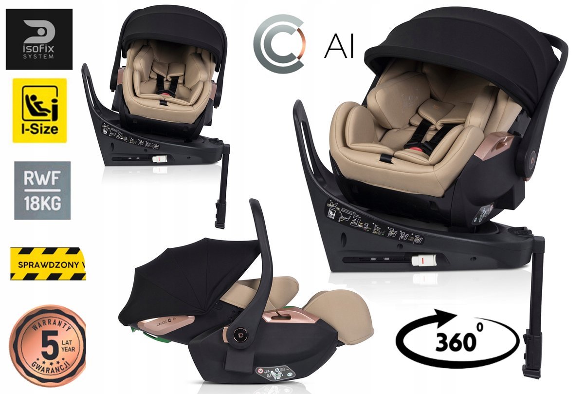 FOTELIK SAMOCHODOWY rozkładany obrotowy 360° i-Size + baza ISOFIX nosidełko CAVOE AI