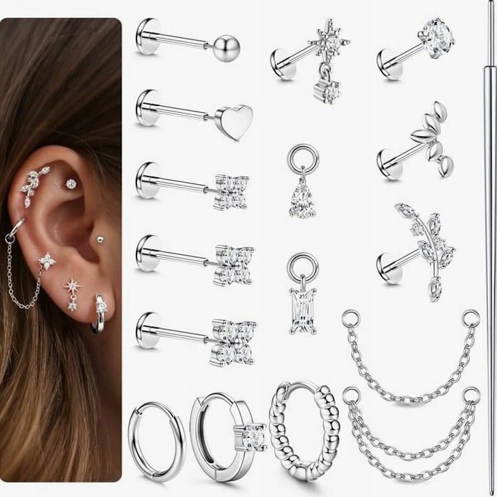 KOLCZYKI HELIX 16 SZTUK STAL CHIRURGICZNA PŁASKIE TYŁ CREOLE PIERCING