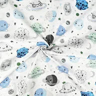 Pasmanteria - Tkanina bawełniana planety buźki niebiesko zielone na białym tle - miniaturka - grafika 1