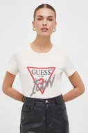 Koszulki sportowe damskie - Guess t-shirt bawełniany damski kolor beżowy - miniaturka - grafika 1