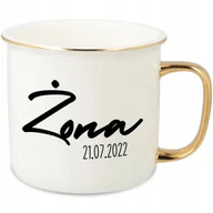 Kubki - KUBEK UCHO RANT ZŁOTY PORCELANOWY RETRO 280ML PREZENT DLA ŻONY DATA WZORY - miniaturka - grafika 1