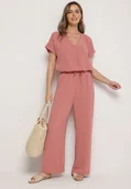 Komplety damskie - Ciemnoróżowy Komplet z Wiskozą Koszulka z Krótkim Rękawem i Luźne Spodnie na Gumce z Kieszniami Efraline - miniaturka - grafika 1