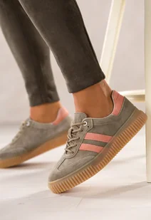 Beżowe sneakersy skórzane damskie buty sportowe na beżowej platformie łososiowe wstawki sznurowane Carla TW-CU-800 - Półbuty damskie - miniaturka - grafika 1
