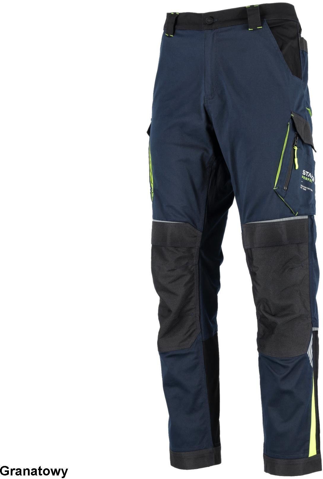 Stalco Spodnie robocze do pasa twill bawełna elastyczne klin w kroku nogawki wydłużenia 5 cm zwężane wiele kieszeni nakolanniki granatowy VIKTOR XL