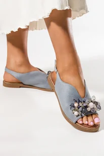 Niebieskie sandały z koralikami damskie na ozdobnej płaskiej podeszwie Casu ER24X18-BL - Sandały damskie - miniaturka - grafika 1