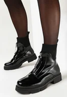 Botki damskie - Czarne Lakierowane Botki z Dzianinową Cholewką i Suwakiem z Przodu Raicela - miniaturka - grafika 1