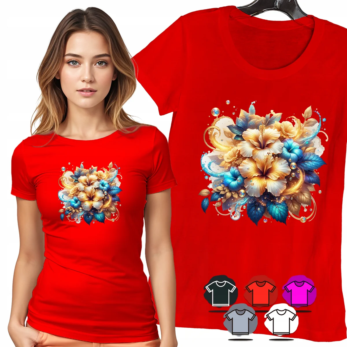 KOSZULKA DAMSKA T-SHIRT - KWIATY BEŻ NIEBIESKI AKWARELA DAMSKI WZÓR - 3XL