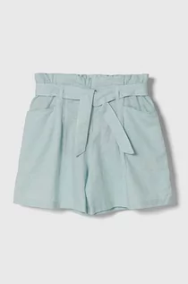 Spodnie i spodenki dla dziewczynek - United Colors of Benetton szorty lniane dziecięce kolor turkusowy gładkie regulowana talia - grafika 1