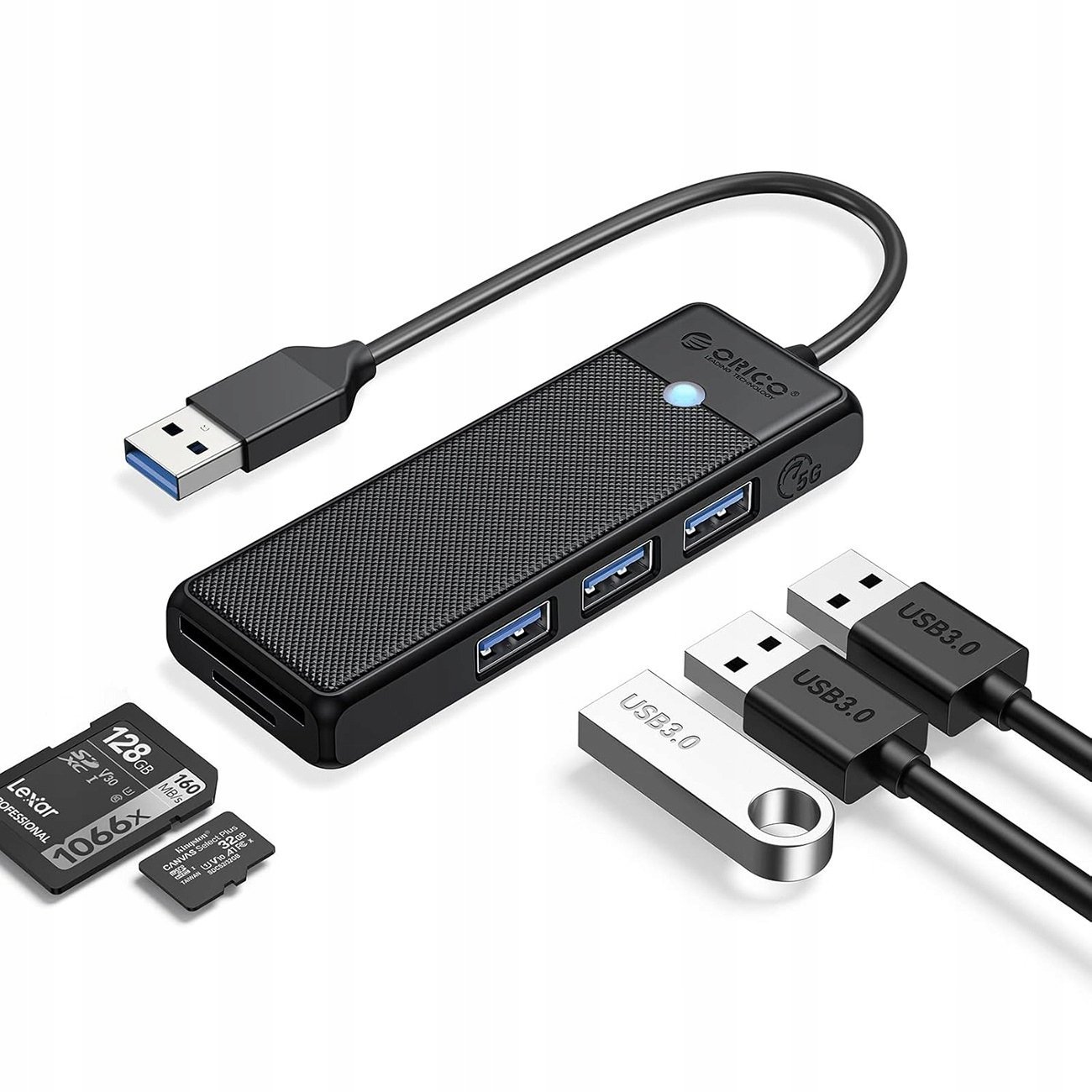 HUB USB Orico PAPW3AT-U3 4-portowy 3x USB-A 3.0 z czytnikiem kart microSD/SD 1 m - czarny 6941788868922