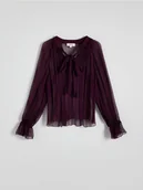 Bluzki damskie - Reserved - Transparentna bluzka z wiązaniem - mahoniowy - miniaturka - grafika 1