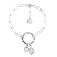 Bransoletki - Bransoletka damska srebrny łańcuch z perłą i kołem ze stali szlachetnej - Manoki - miniaturka - grafika 1