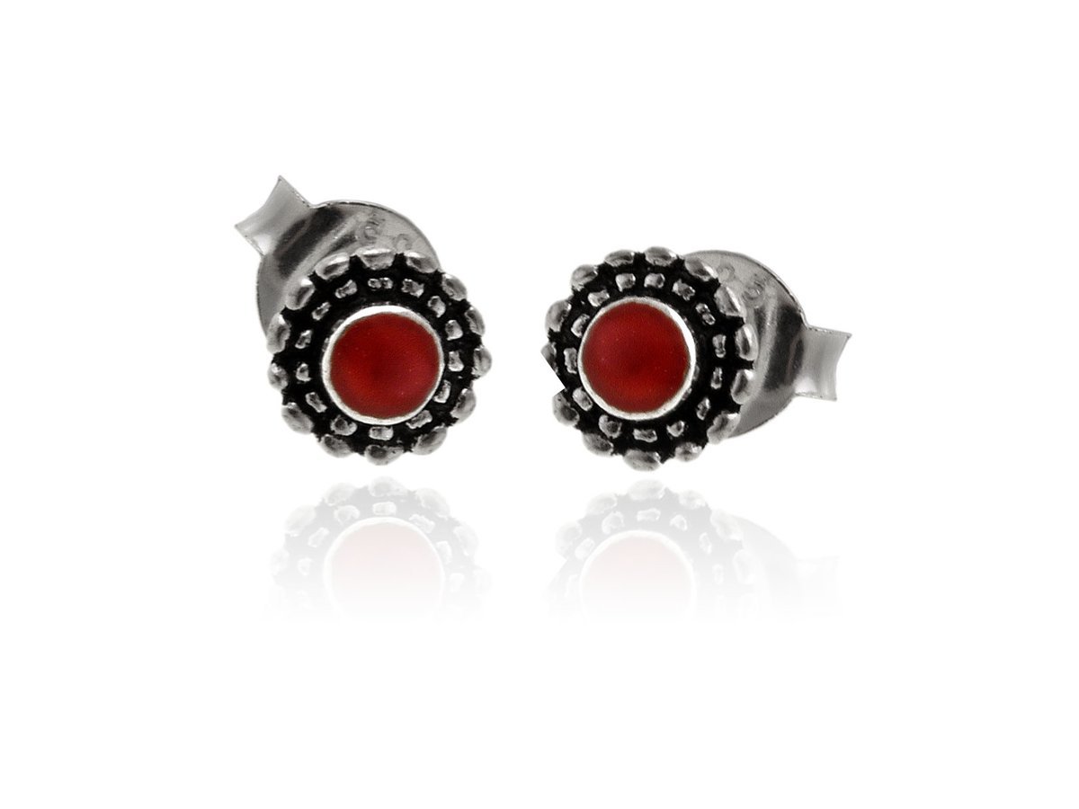 Kolczyki z ciemnego srebra Kwiatki z czerwoną masą k3695-2