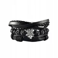 Bransolety męskie - Bransoletka MĘSKA skórzana EKOSKÓRA ZESTAW Komplet 3szt CZARNA WILK Vintage - miniaturka - grafika 1