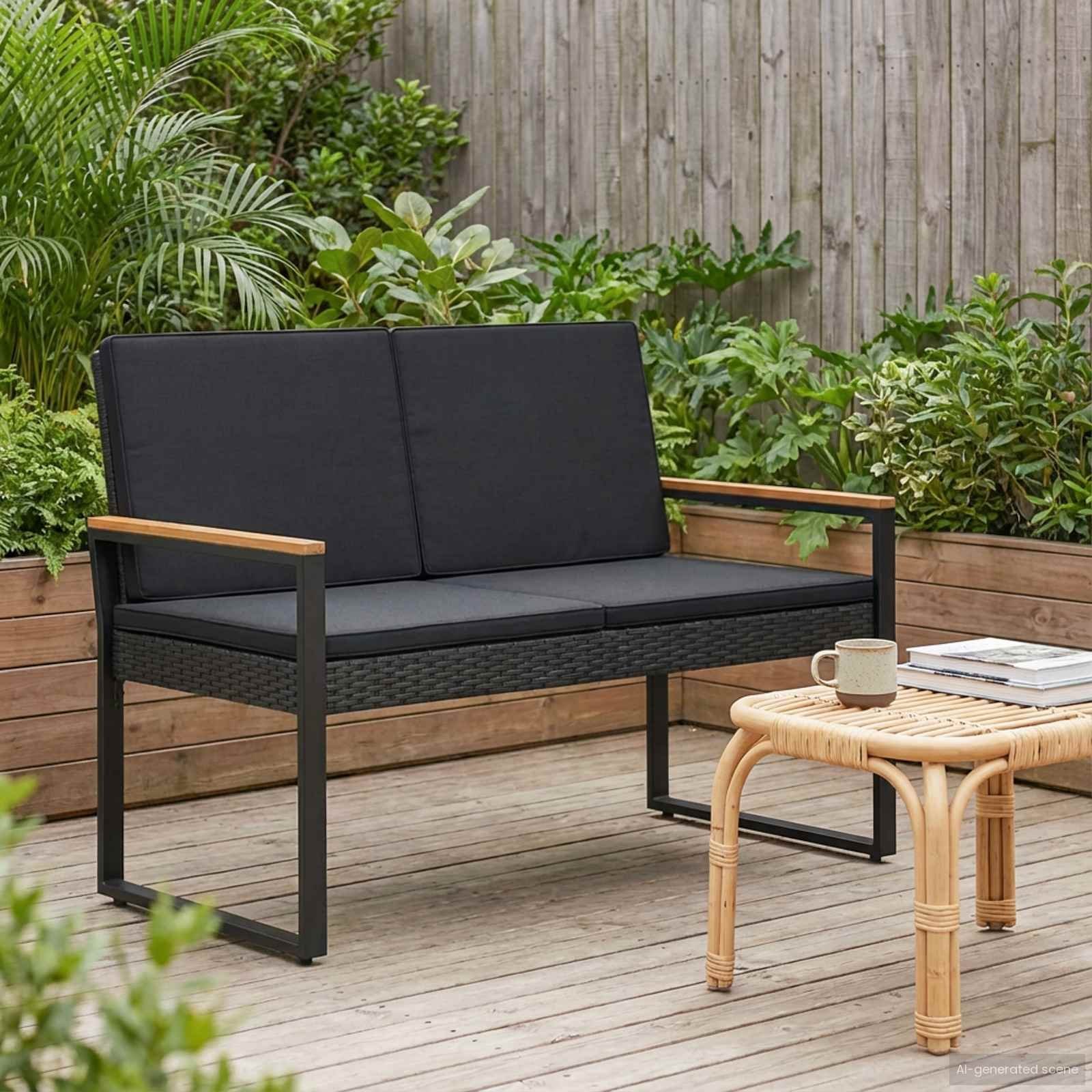 vidaXL Ławka ogrodowa z poduszką Czarny 107 x 61 x 80 cm polirattan