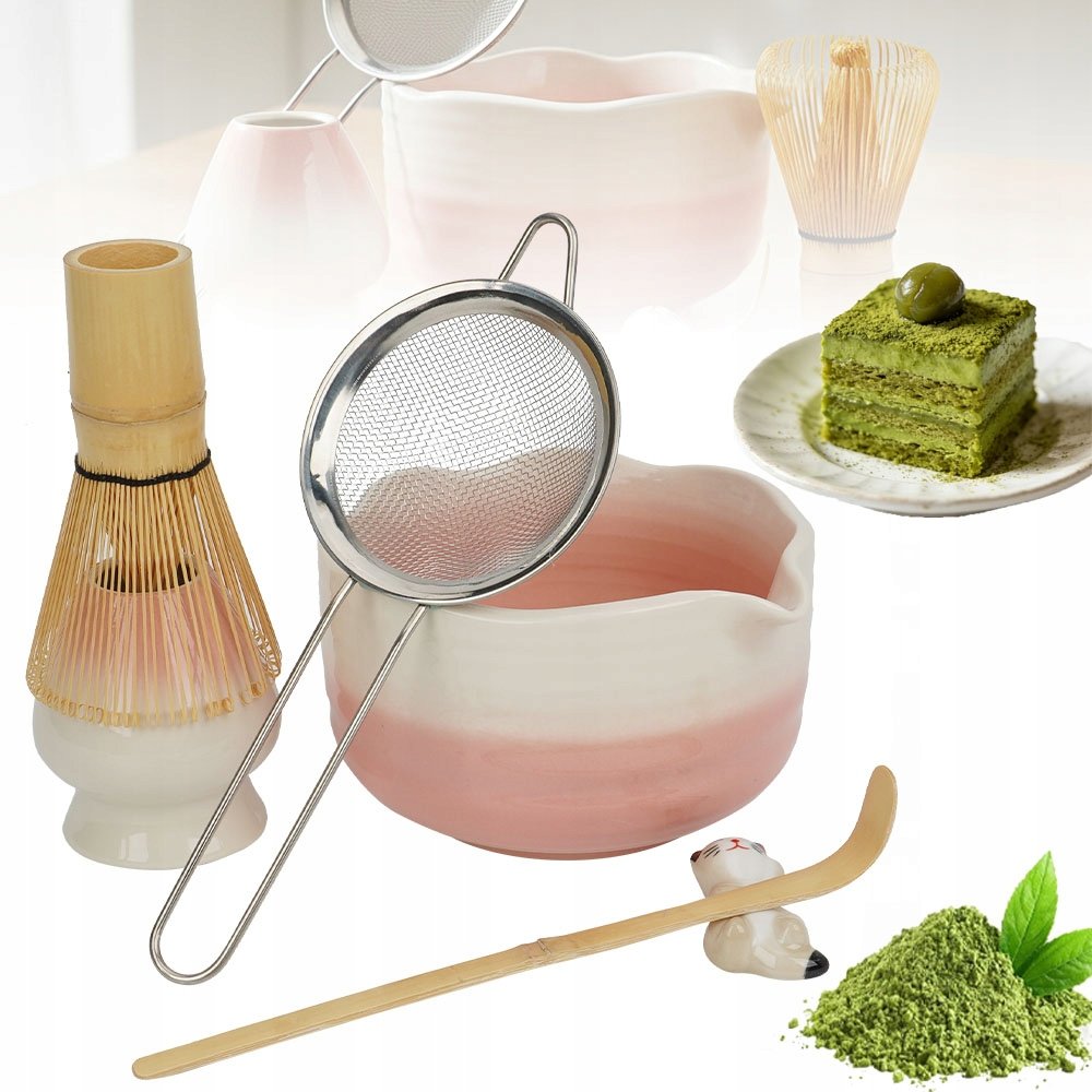 Zestaw Do Matchy 6 Części Różowy Gradient Stojak Na Miotełkę