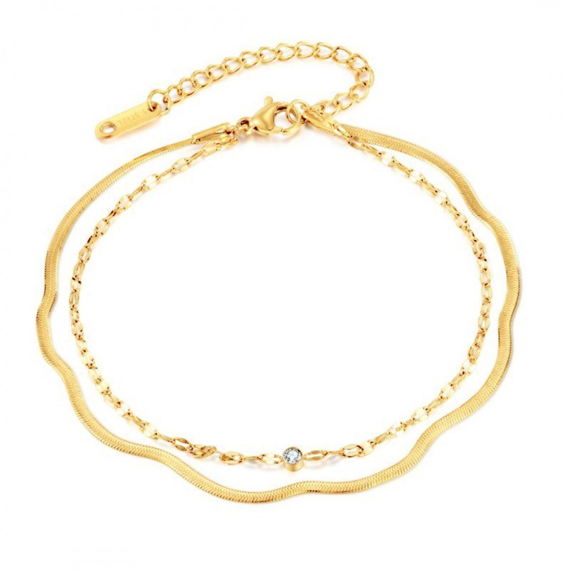 Bransoletka Na Rękę Stal Chirurgiczna Pozłacana 14K Złotem, Podwójna, Żyłka Cyrkonie Bst1513