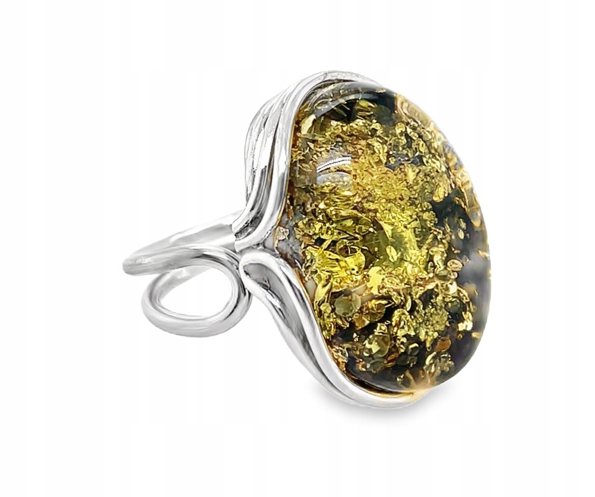 Pierścionek duży srebrny z BURSZTYNEM ZIELONYM rozmiar 15 SREBRO 925