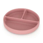Miseczki i talerzyki dla dzieci - Talerzyk silikonowy z przegródkami okrągły różowy 6m+ PETITE&MARS - miniaturka - grafika 1