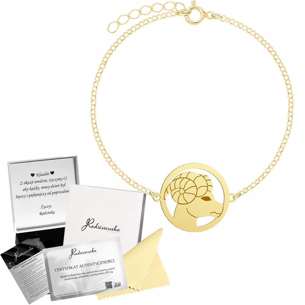 Złota Bransoletka Zodiak Baran Łańcuszek Srebro 925 Prezent Grawer Gratis