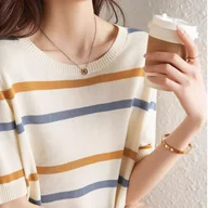 Swetry damskie - TEMU Damski casualowy, paskowany, krótki rękaw, pulower - Beżowy, niebieski i brązowy kolorowy blok, okrągły dekolt, top na każdą porę roku, wygodny - miniaturka - grafika 1