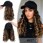 Pozostałe akcesoria fryzjerskie - TEMU Damska czarna peruka syntetyczna z długimi falującymi kręconymi włosami, odporna na ciepło włóknem, regulowana baseballówką do codziennego - miniaturka - grafika 1