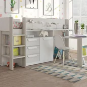 Łóżka dla dzieci i młodzieży - Łóżko na antresoli 90 x 200 cm - Z biurkiem i ze skrzynią - Biały i naturalny + Materac - LOUKALA - miniaturka - grafika 1