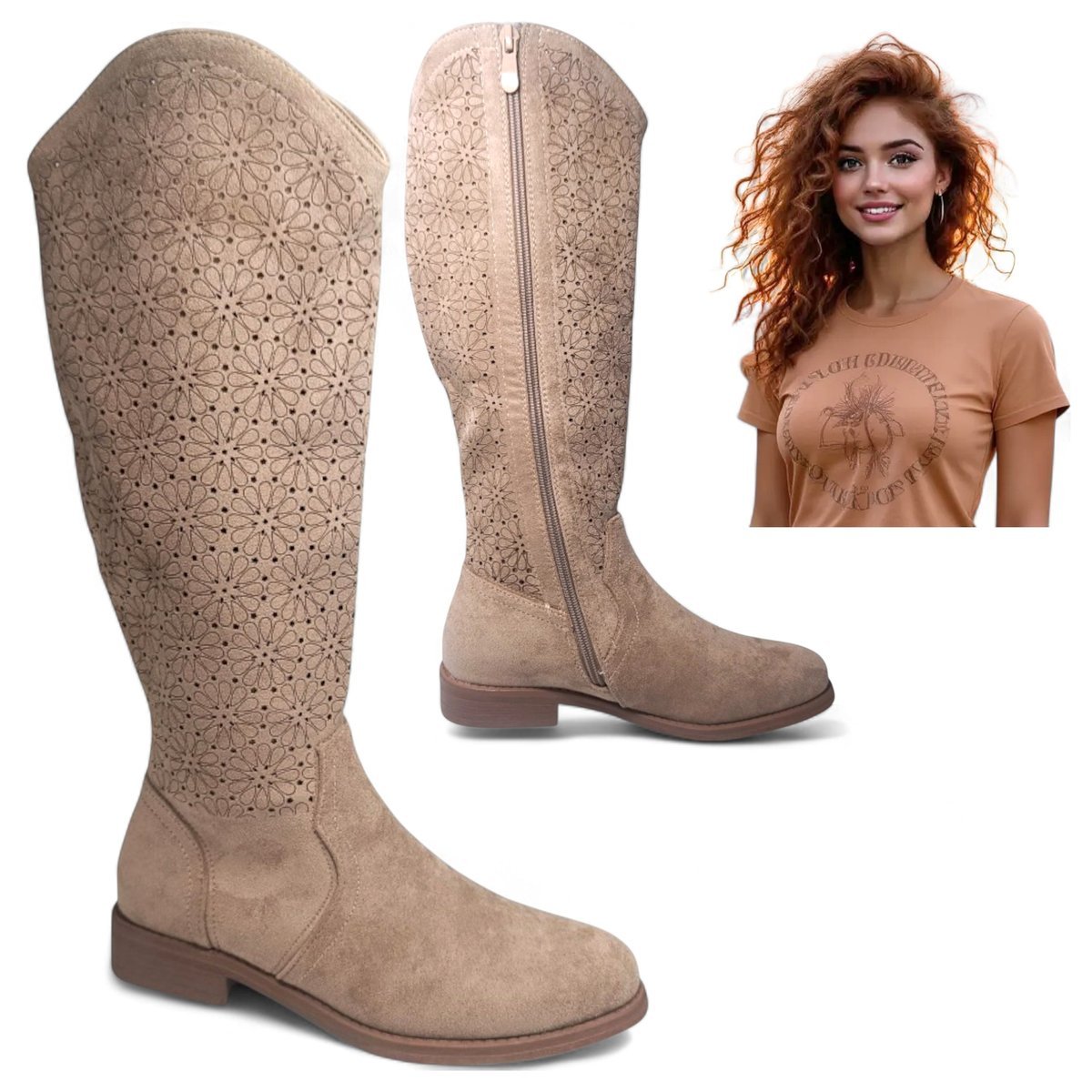 Kozaki Damskie Kowbojki Ażurowe Zamszowe Jesienne Eleganckie Beż Barski 40