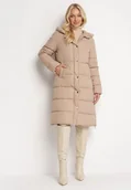 Kurtki damskie - Beżowa Długa Kurtka Zapinana na Suwak i Napy z Kapturem Tasperia - miniaturka - grafika 1