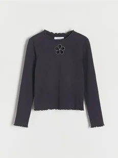 Reserved - Prążkowana bluzka z haftem - ciemnoszary - Bluzki dla dziewczynek - miniaturka - grafika 1