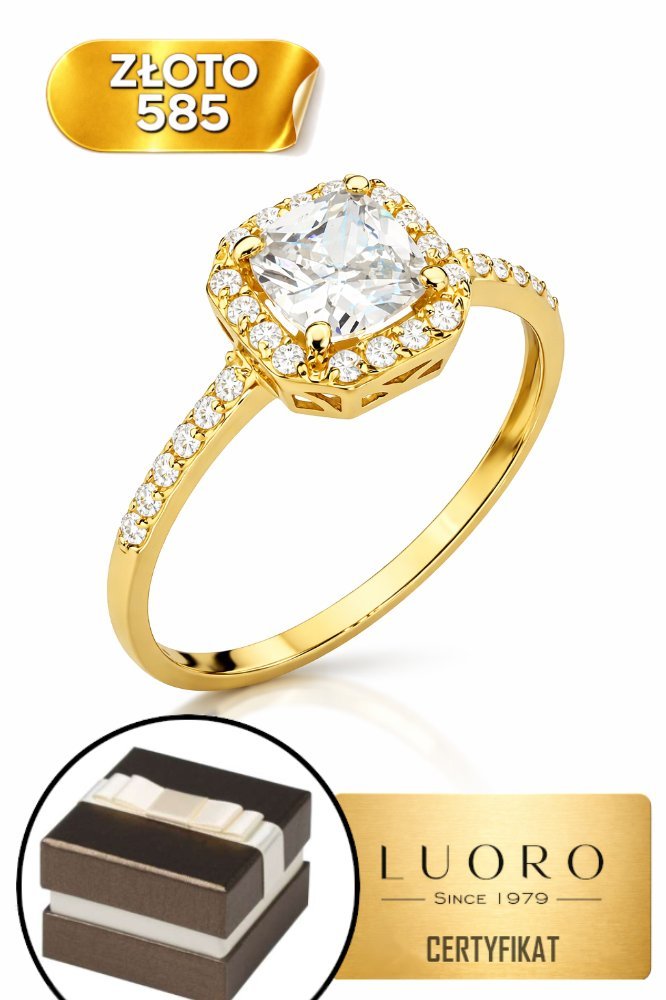 PIERŚCIONEK ZŁOTY 585 14K KWADRAT Z CYRKONIAMI I RODOWANIEM R13