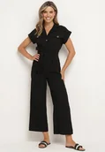 Kombinezony - Czarny Kombinezon z Krótkim Rękawem i Szerokimi Nogawkami z Materiałowym Paskiem Floeria - miniaturka - grafika 1