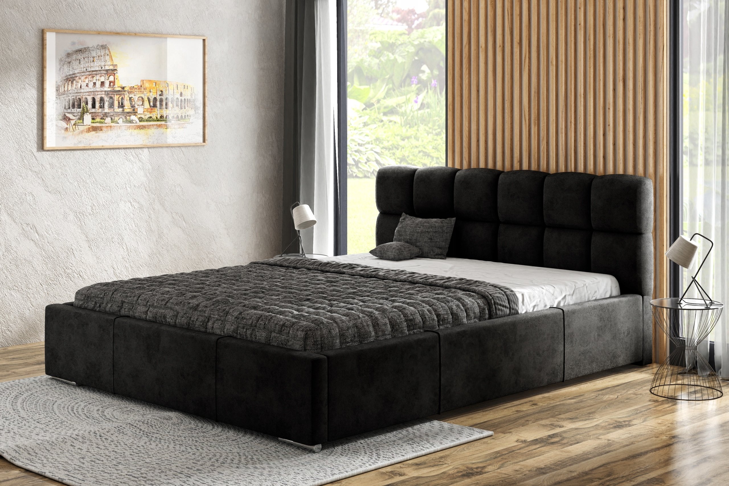 Łóżko tapicerowane AGMAT MALTA z wezgłowiem, 140 x 200 cm, łóżko podwójne z podstawą łóżka i metalową ramą z listew, tkanina welurowa: czarna