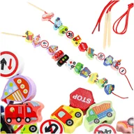 Klocki - Klocki Drewniane Nawlekanka Przeplatanka Edukacyjna Pojazdy Znaki Drogowe - miniaturka - grafika 1