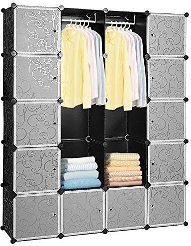 EINFEBEN 20 kostek system regałów DIY szafy garderoby otwarta plastikowa szafa z drzwiami szafa czarna 180 * 142 * 37CM