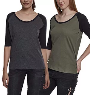 Koszulki i topy damskie - Urban Classics Damska koszulka damska 3/4 Contrast Raglan Tee T-Shirt wielokolorowa (Cha/Blk & OLV/Blk (2-pak) 02155), rozmiar producenta: Large (per of 2) - grafika 1