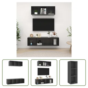 The Living Store 2-częściowa szafka pod telewizor z materiału drewnopochodnego w kolorze szarym o wysokim połysku - Szafki RTV - miniaturka - grafika 1