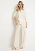 Komplety damskie - Jasnobeżowy Komplet z Wiskozy Koszula z Podpinanymi Rękawami i Szerokie Spodnie Dormoi - miniaturka - grafika 1