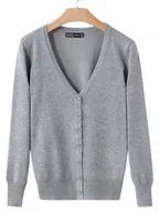 Swetry damskie - Sweter Damski Sweterek Rozpinany Kardigan Wiosna Jesień Dzianinowy Szary - miniaturka - grafika 1