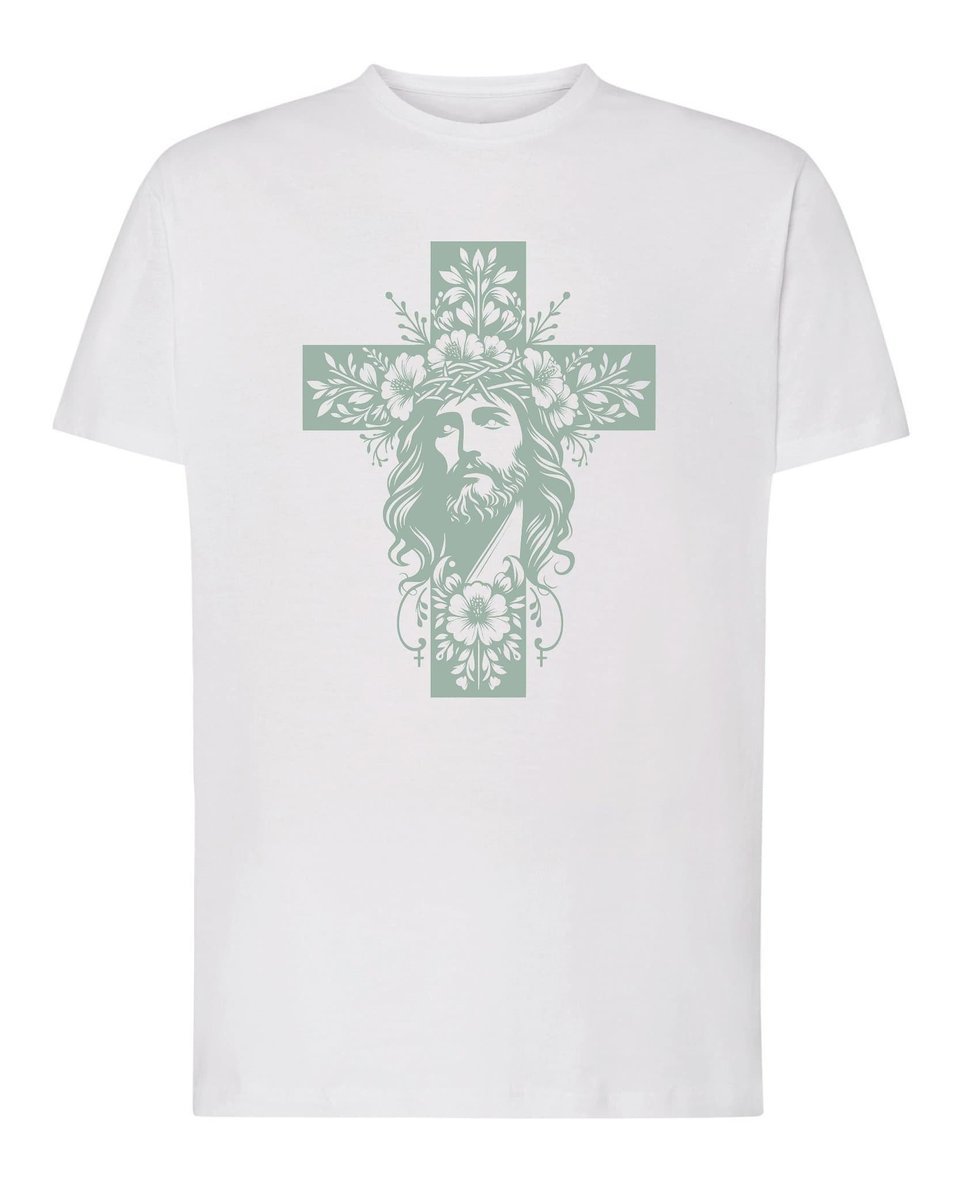Koszulka Jezus Krzyż Wiara Kwiaty Katolicka na Prezent Biały M