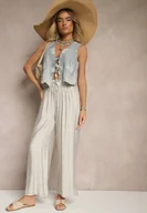 Spodnie damskie - Jasnoszare Spodnie Typu Palazzo o Szerokim Kroju High Waist Ozdobione Wiązaniem Yaslevia - miniaturka - grafika 1