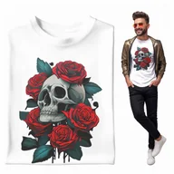 Koszulki męskie - Koszulka Męska Czaszka w kwiatach róże tatuaż mrok kontrast meksyk - miniaturka - grafika 1