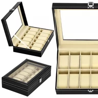 Pudełka i szkatułki - Szkatułka Na Zegarki 30X20X8 Cm Czarno-Kremowy Kuferek Z 12 Przegródkami Ekoskóra - miniaturka - grafika 1
